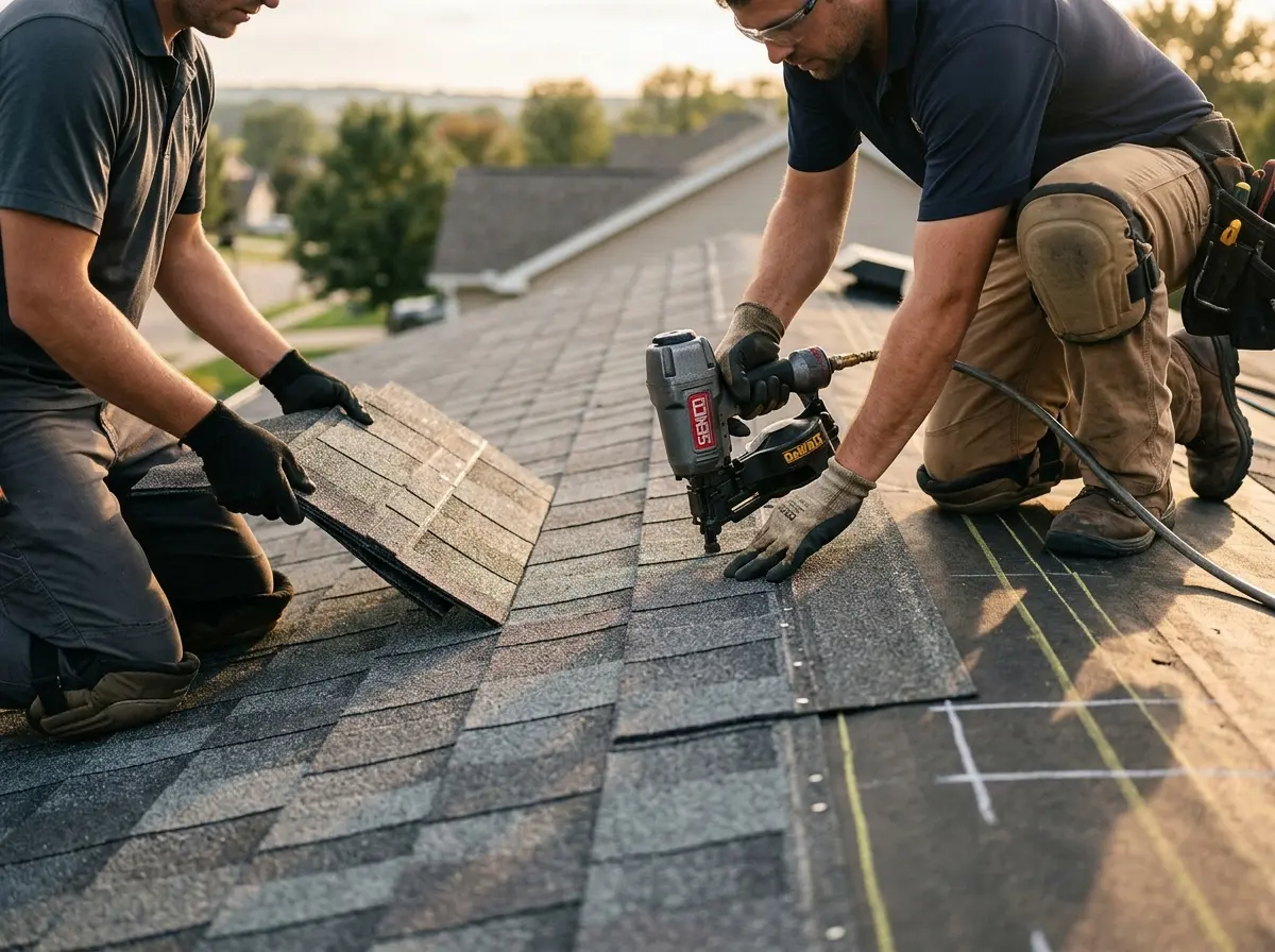 Professional roofer working on a residential roof in Girard